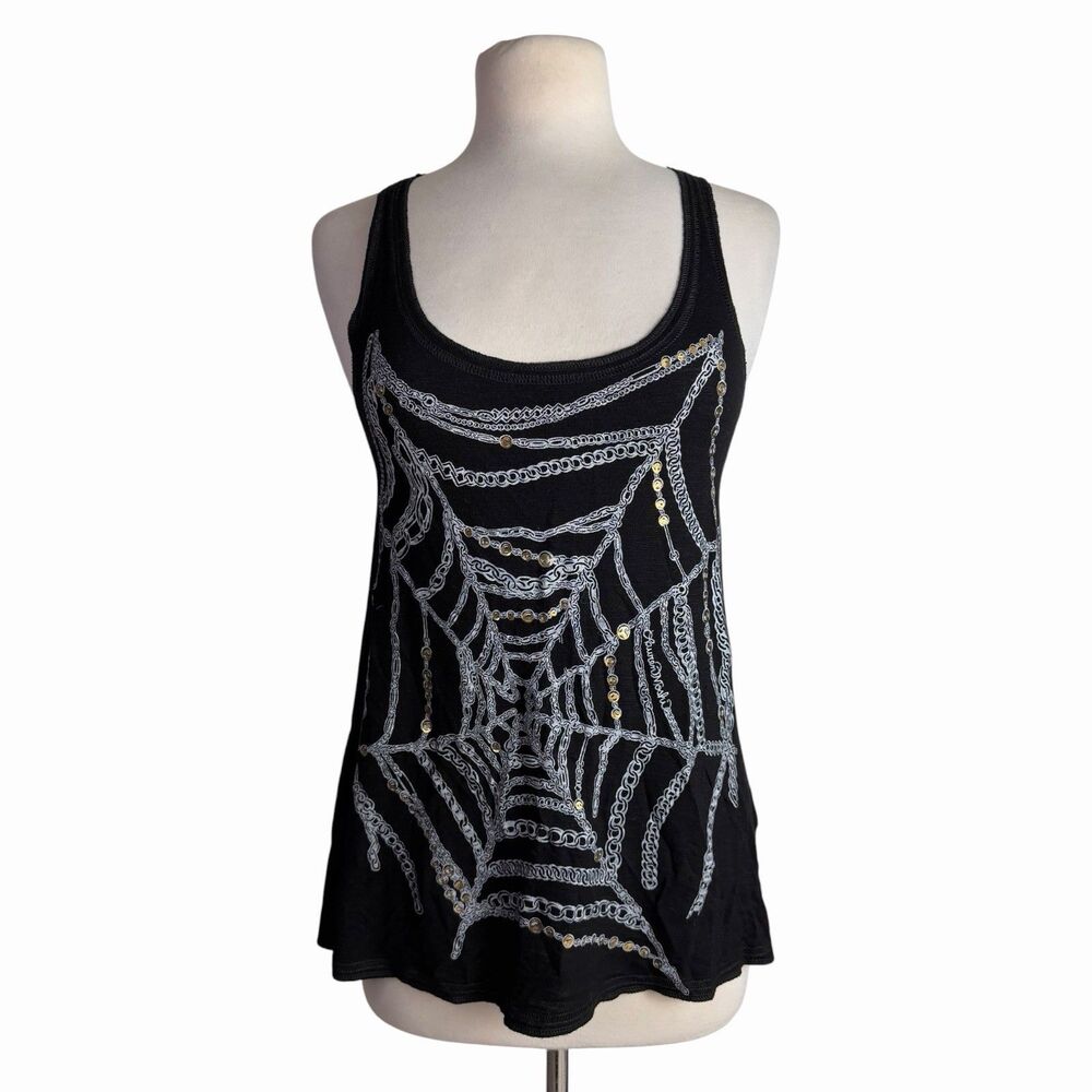 Lauren Moshi Spider Web Chain Swing Tank Top Black Gothic Edgy Halloween XS